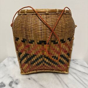 Antique Laotian gathering Woven Basket with Red and Black Pattern
